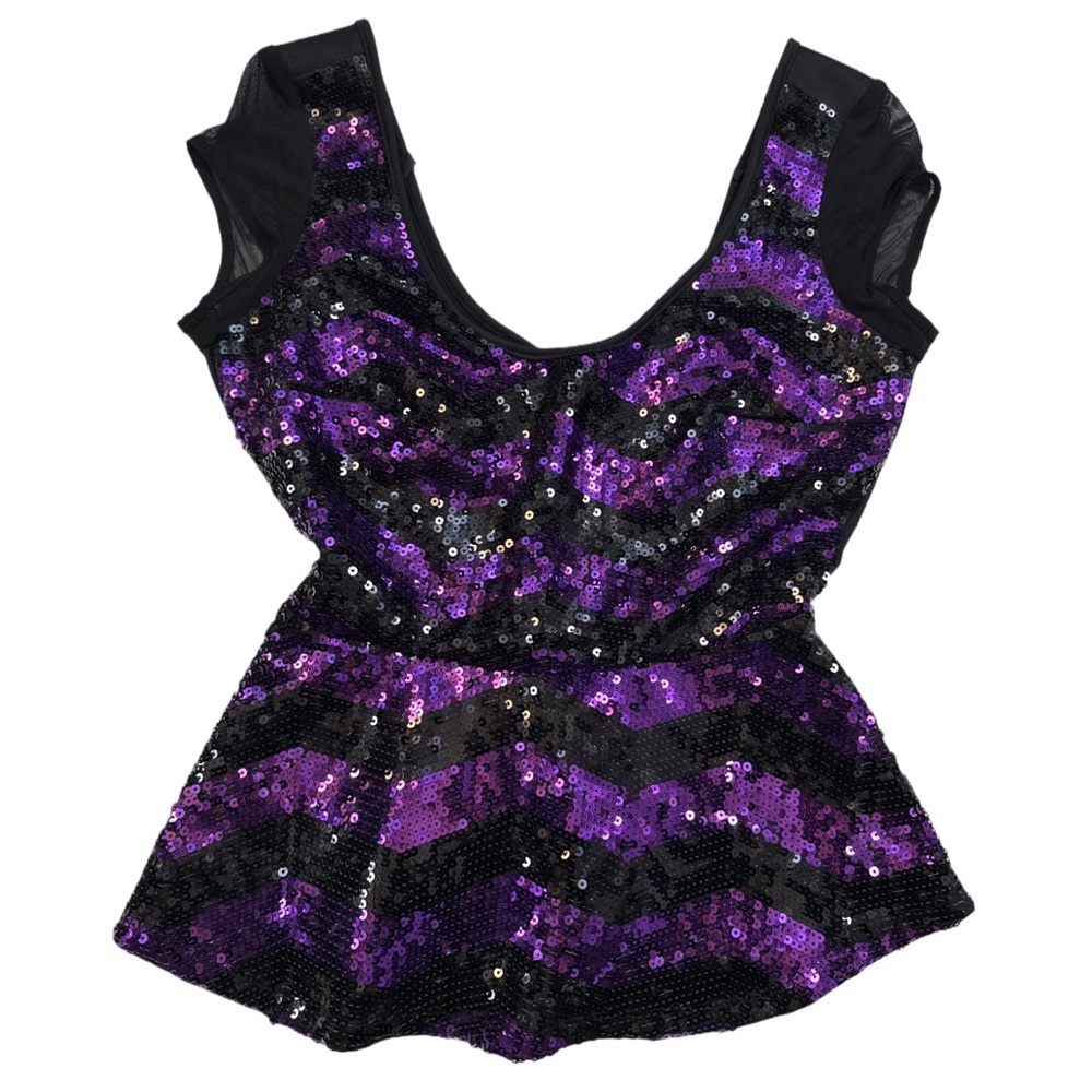 Y2K 2B BEBE women's black + purple sequin peplum top, S.